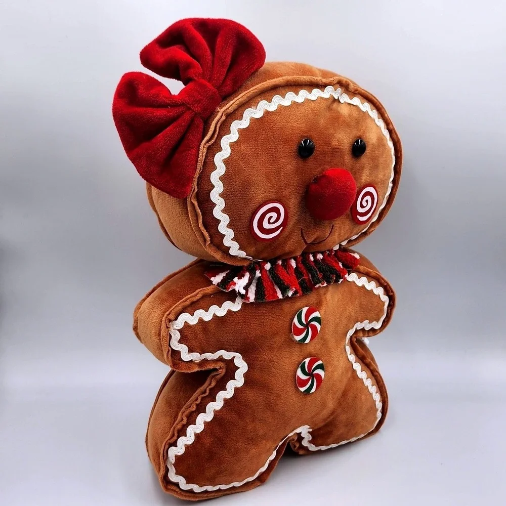 Gingerbread Girl Plush Pillow Red Bow Brown Holiday Decor Christmas Decor 16